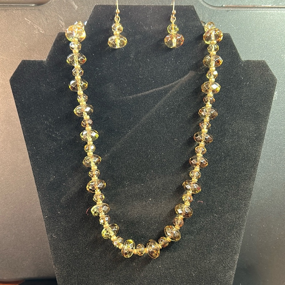 Vintage Amber Green Glass Beaded Necklace & Earrings Set